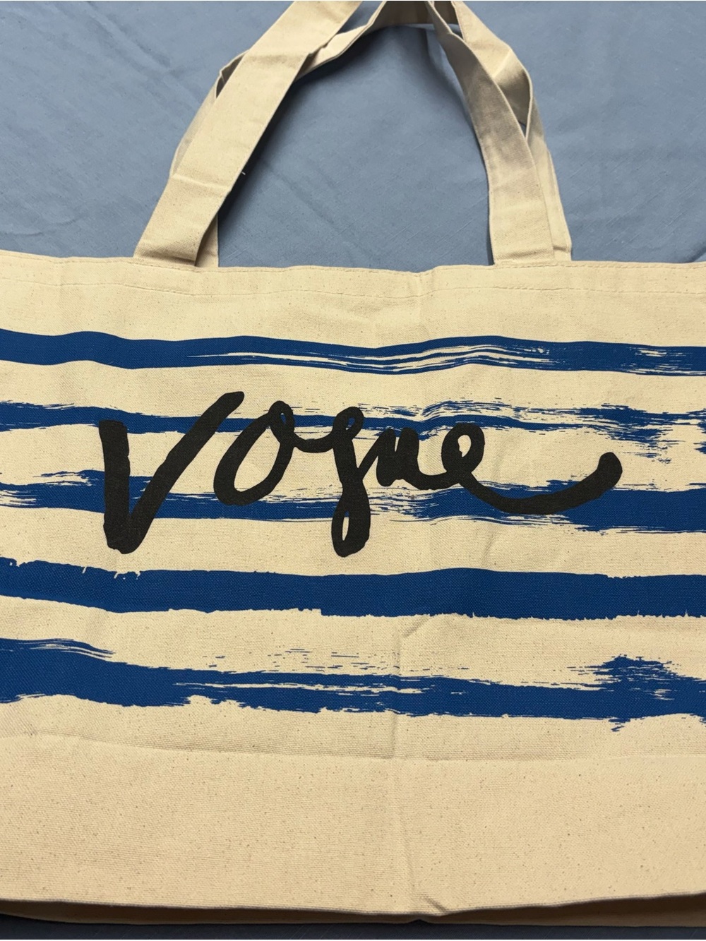 Vogue Canvas Tote in Natural and Blue with Black Script